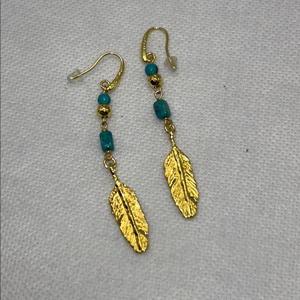 NWOT Gold Plated Bronze Feather Genuine Turquoise Bead Dangle Designer Earrings